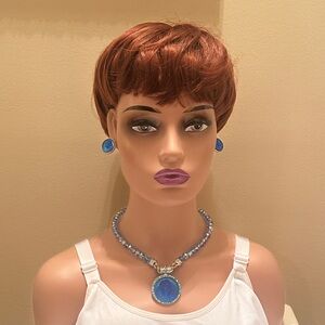 Blue Beaded Angel Pendant Necklace Set